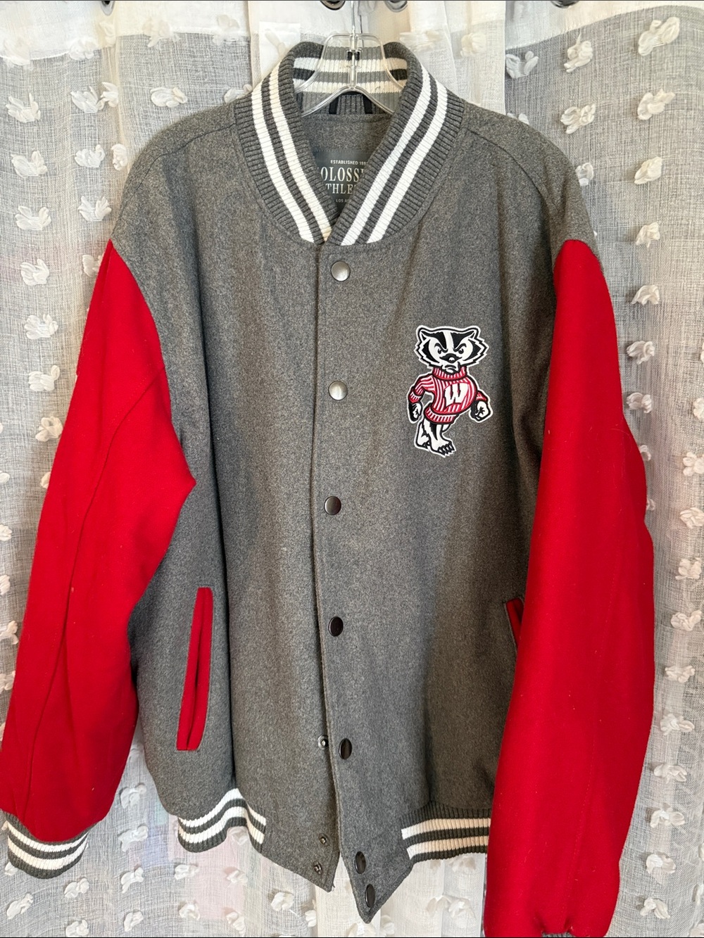 Gray & Red Varsity Jacket with Bucky Badger Patch